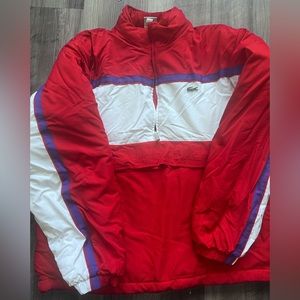 Authentic Supreme x Lacoste puffer quart zip jacket. Red, white and purple.